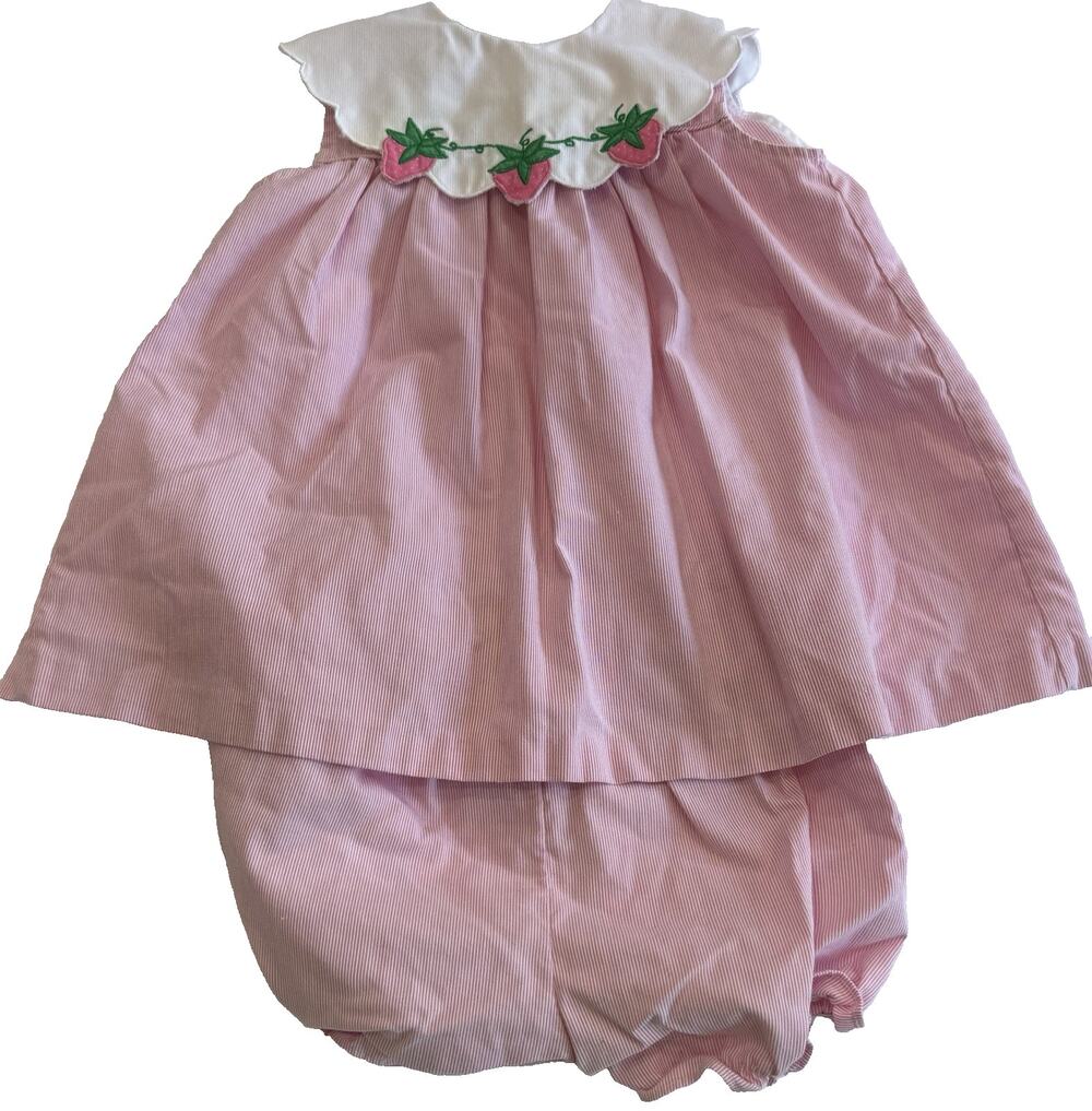 Vintage Samara Baby Girl Pink Seersucker Strawberry Dress Bloomers 24M 2 Pc